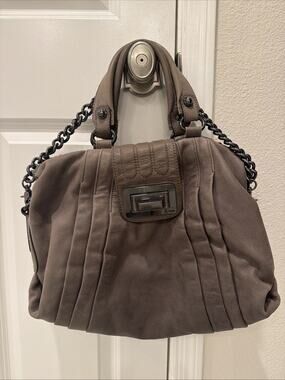 GUESS by Marciano Y2K Genuine Leather Doctor Bag Studded Chain Satchel Taupe